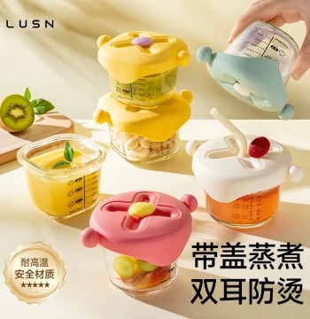 Baby Food Glass Storage Containers with Steaming Egg Custard Bowls and Fresh-Keeping Lids for Infants