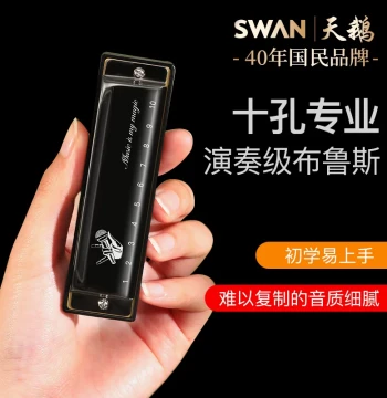 Swan 10-Hole Blues Harmonica in C - 10-Hole Beginner Entry Level Blue Harmonica for Kids & Professional Performance (Paddy Tuning)
