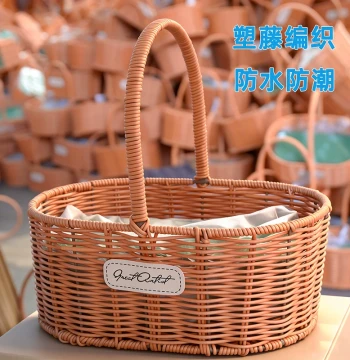Rattan Handheld Flower Basket Pastoral Style Woven Basket Handcrafted Display Vegetable Basket Decorative Hanging Small Fresh Flower Fruit Basket