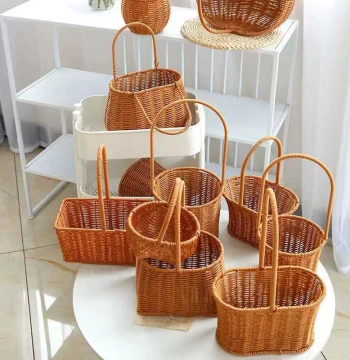Handheld Rattan-Style Flower Basket, Artificial Woven Floral Arrangement Basket with Foam Insert