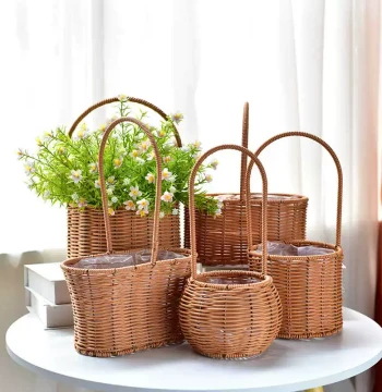 Handwoven Rattan Basket with Handle - Floral Arrangement, Storage, Wedding Favor, Egg Basket, Outdoor Picnic, and Fruit Basket