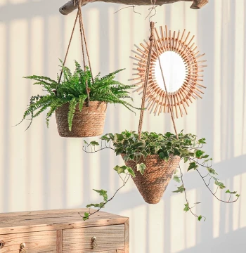 Nordic Rattan Flower Basket Hanging Basket Pot Pothos Planter Hemp Rope Vertical Hanging Wall-Mounted Grass Woven Ivy Decorative Basket