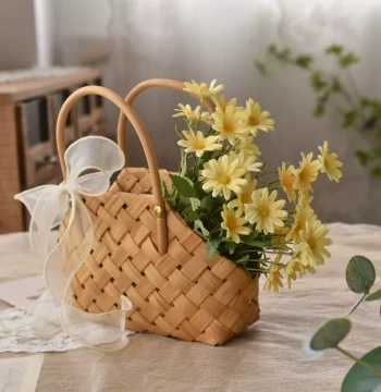 Picnic Camping Photo Prop Small Flower Basket with Artificial Daisies, Sunflowers, and Roses