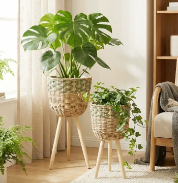 Nordic Style Woven Flower Basket with Wooden Stand - Indoor Floor Plant Holder for Living Room Decor