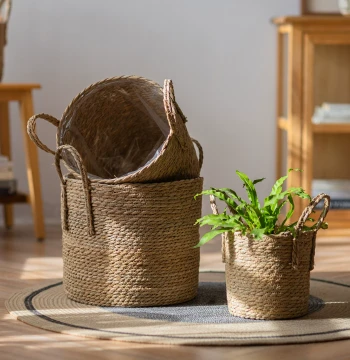 Woven Rattan Basket for Flowers and Plants, Natural Grass Planter Cover, Decorative Vine Storage Basket