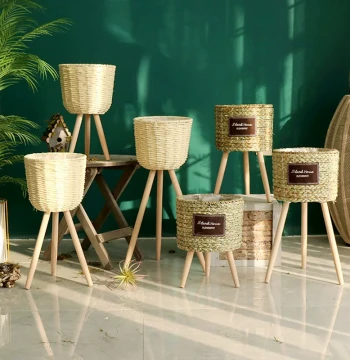 Nordic Style Creative Woven Flower Basket with Tall Wooden Stand, Floor Plant Holder for Indoor Living Room Decor