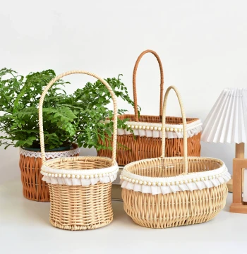 Handwoven Rattan Flower Basket - Rustic Style Plant Pot with Lace Decor, Fruit & Floral Arrangement Holder