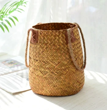 Pastoral Rattan Woven Flower Basket - Handwoven Grass Planter for Nordic Living Room Decor, Bamboo Weave Dried Flower Vase