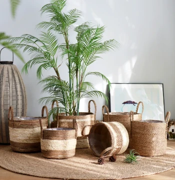 Nordic Rattan & Grass Woven Planter Pot Set, Large Floor Plant Basket, Premium Light Luxury Home Decor