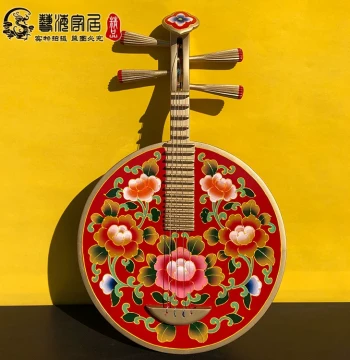 Hand-Painted Vintage Plucked Instrument Yueqin Decorative Wall Background with Floral Motifs, Yunnan Yi Ethnic Tibetan-Style Ruan