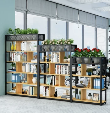 Office Partition Shelf with Industrial Style Decorative Screen, Floor Bookcase and Planter Stand