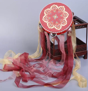 Dunhuang Flying Apsaras Dance Hand Drum with Bells and Ribbons - Colorful Ribbon Drum for Hanfu Photography, Kids' Dance Instrument