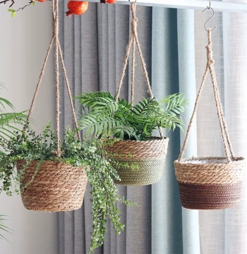 Rattan Woven Grass Braided Hanging Basket, Suspended Flower Pot for Green Plants, Planting Flower Basket, Pothos Pot, Garden Decorative Flower Vessel, Handmade Basket