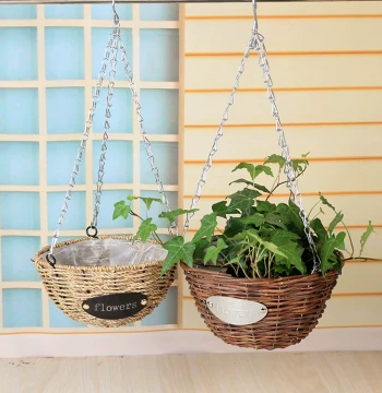 Hand-Woven Rattan Hanging Flower Basket for Indoor Decor, Suitable for Pothos and Spider Plants