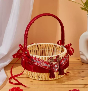 New Chinese Style Handheld Flower Basket for Weddings, Rattan-Style Flower Girl Scattering Basket, Home Storage, Picnic Fruit Basket, Postpartum Gift Basket