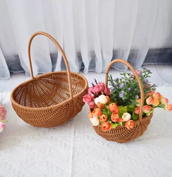 Handwoven Straw Flower Basket – Rattan-Style Handle Basket for Fruit Storage, Dried Flowers, Home Decor, and Gifts