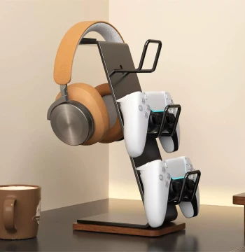 Solid Wood Game Controller Stand - Multi-Layer Storage Rack for PS5, Xbox, Switch, NS2 - Universal Headphone Holder
