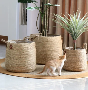 Nordic Simple Rattan Planter Woven Grass Basket Round Floor-standing Pot Green Plant Large Cover Pot Home Decor
