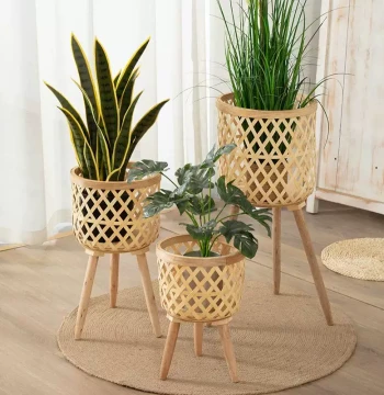 New Chinese Style Mobile Plant Basket - Handwoven Living Room Plant Stand and Balcony Planter Holder