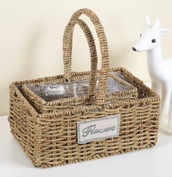 Modern Minimalist Orchid Pot Packaging - Straw Woven Handled Basket for Fresh Flowers and Floral Arrangements