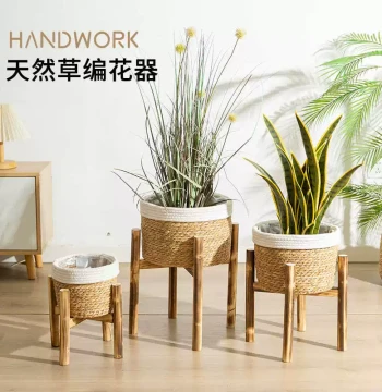 Home Decor Wooden Base Flower Basket and Pot Cover, Handwoven Balcony Grass Basket with Floor-Standing Plant Stand