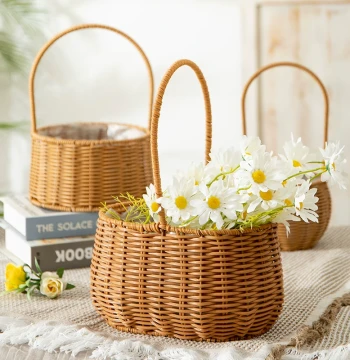 Handwoven Rattan Flower Basket with Handle - Artificial Vine Floral Arrangement Basket for Photo Props and Home Decor