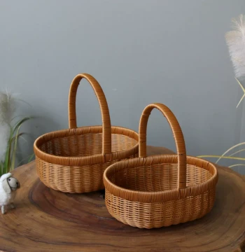 Pastoral Style Handheld Fruit Basket, Imitation Rattan Woven Picnic, Shopping, Harvest, and Gift Basket