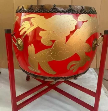 Yellow Cowhide War Drum - Large Performance Dragon Drum, Chinese Folk Instrument, Red Hall Drum