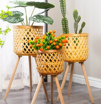 Nordic INS Style Living Room Plant Decor, Bamboo Woven Flower Basket, Monstera Rattan Planter, Balcony Floor-Standing Flower Stand