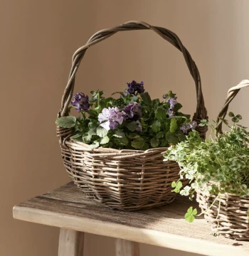 Rustic Handwoven Willow and Grass Planter, Rattan Flower Basket with Handle for Pothos and Floral Arrangements