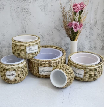 Pastoral Woven Grass Flower Pot, Rattan Basket, Succulent & Orchid Planter, Pothos Arrangement, Handheld Living Room Decor