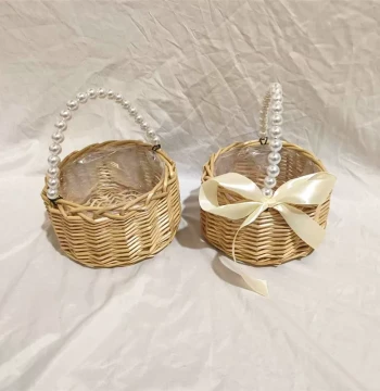 New Pearl Handle Flower Basket, Willow Woven Gift Basket, Small Flower Girl Basket for Weddings, Photography Prop for Floral Arrangement