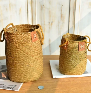 Barley Ear Decorative Woven Basket - Vintage Rattan & Straw Flower Vase with Handle for Dried Flowers