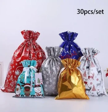 30pcs Drawstring Merry Christmas Foil Gift Wrapping Sacks