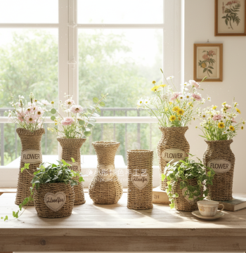 Woven Grass Flower Basket for Home Decor, Living Room Entryway Tabletop Storage, Artistic Fresh Handwoven Vase