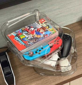 Multi-Layer Transparent Rotating Game Cartridge Storage Box with Switch Controller Stand and Large-Capacity Cable Organizer