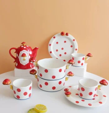 Japanese Mushroom-Style Ceramic Tea Set - Includes Teapot, Teacups, Instant Noodle Bowl, and Dessert Plates