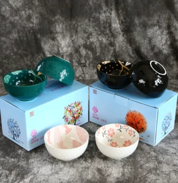 4-Piece Japanese Underglaze Relief Ceramic Rice Bowl Set - Wedding Favor and Holiday Gift Box