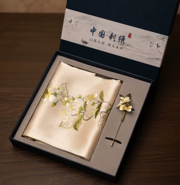 Su Embroidery Silk Scarf with Handmade Velvet Flower Brooch - Chinese Style Business Gift Box for Meetings and Souvenirs