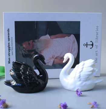 Modern Black and White Couple Swan Ceramic Figurines, Wedding Gift, Home and Bridal Room Decoration