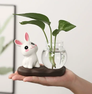 Ceramic Craft Figurine - Cute Cartoon Rabbit Decor for Entryway, Desk, or Bookshelf with Glass Hydroponic Vase