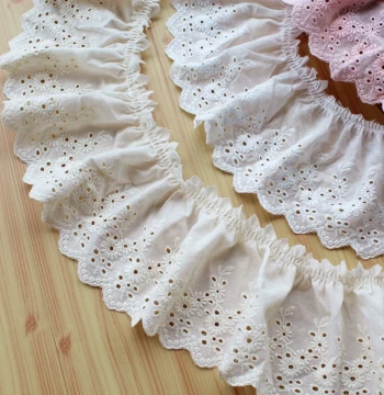 Wholesale Beige/Apricot/Pink Pure Cotton Embroidered Pleated Lace Trim, DIY Sewing Supply for Collars & Skirt Hems