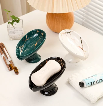 Light Luxury Home Ceramic Leaf-Scroll Soap Dish, No-Drill Creative Bathroom Soap Holder with Auto Drainage