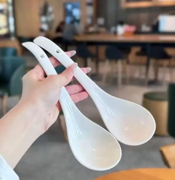 Large Ceramic Soup Spoon for Home Use, Pure White Long-Handle Serving Spoon for Soup and Porridge