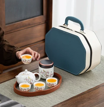 Business Gift Travel Set: Dehua Mutton Fat Jade Teapot with Fresh Wisteria Design in Creative Leather Case