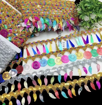 Colorful Leaf and Rainbow Lace Trim with Pagoda and Sequin Drops for DIY Ethnic Accessories