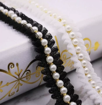 Crinkled Pearl Gold Thread Black and White Lace Trim for Clothing Accessories, DIY Decoration for Necklines and Sleeves, 2CM Width