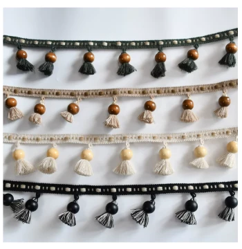 Tianhe Lace New Simple Curtain Wooden Bead Ball Tassel Pure Cotton Dark Green Haining Fabric Decorative Accessory