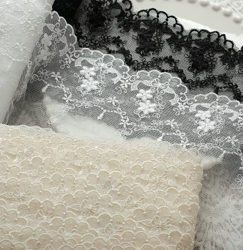 12cm Wide Black, White, and Apricot Mesh Embroidered Lace Trim for DIY Lolita Clothing