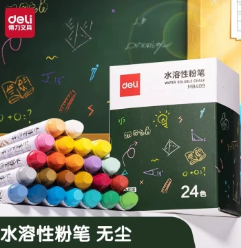 Deli Water-Soluble Chalk, Dust-Free for Children's Home Blackboards, 12-Color Teaching Colored Erasable Solid Chalk for Kindergartens and Teachers, Wet-Wipe Water-Based Chalk Set 24-Color